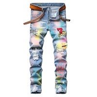 mens colored painted printed denim jeans fashion y2k badge holes ripped pants patchwork stretch trousers