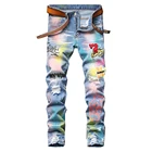 Мужские цветные джинсы с принтом, модные джинсы Y2K, рваные брюки с нашивками, Стрейчевые брюки в стиле пэчворк