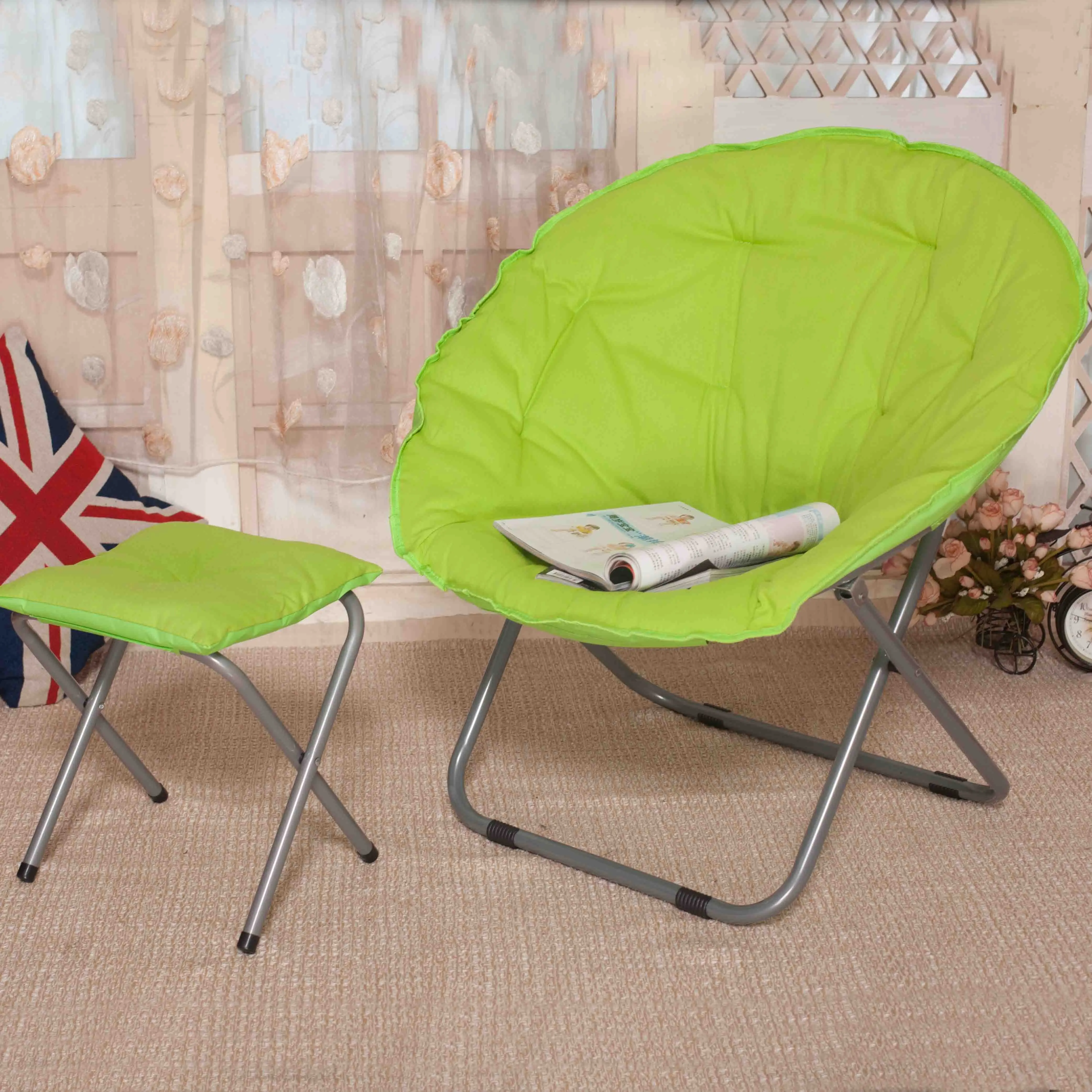 저렴한 접이식 대형 라운드 문 접시 캠핑 의자, 스틸 프레임 옥스포드 천 패딩 좌석 휴대용 7 색