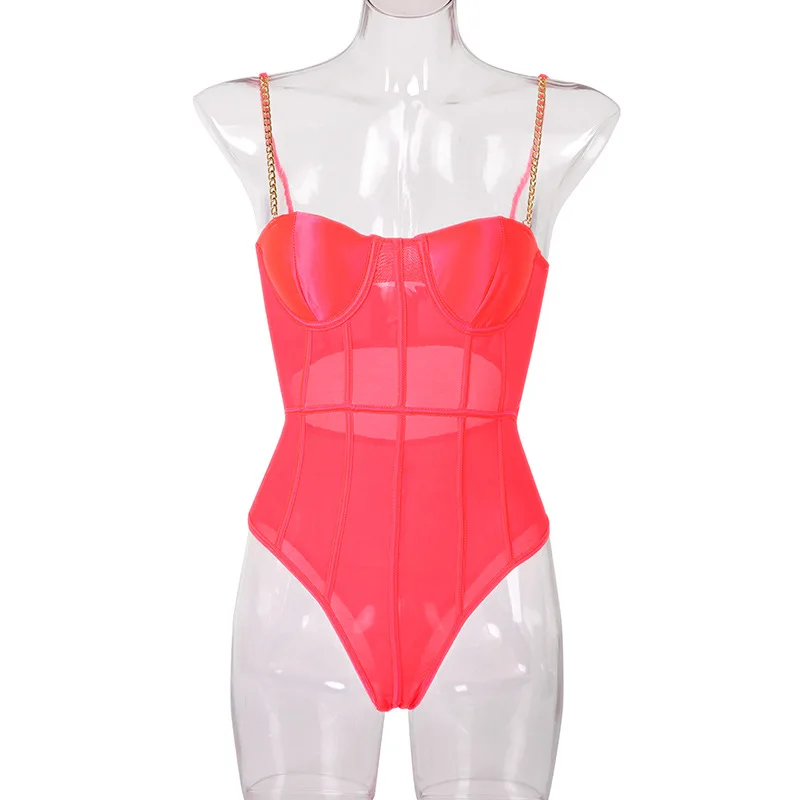 

Sexy Lingerie Women Spaghetti Strap Bodysuit Metallic Chain V Neck Underwear Intimate See Through Exotic Babydoll Jumpsuit