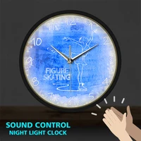 lady skating on ice figure modern led wall clock sound control non ticking metal frame wall watch ice skater home deco sport art