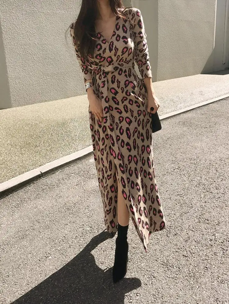 Vintage Leopard Print Long Maxi Dress Autumn V-neck Lace Up Bodycon Dress Knitted Split Winter Women Dress Party Vestidos S-2XL