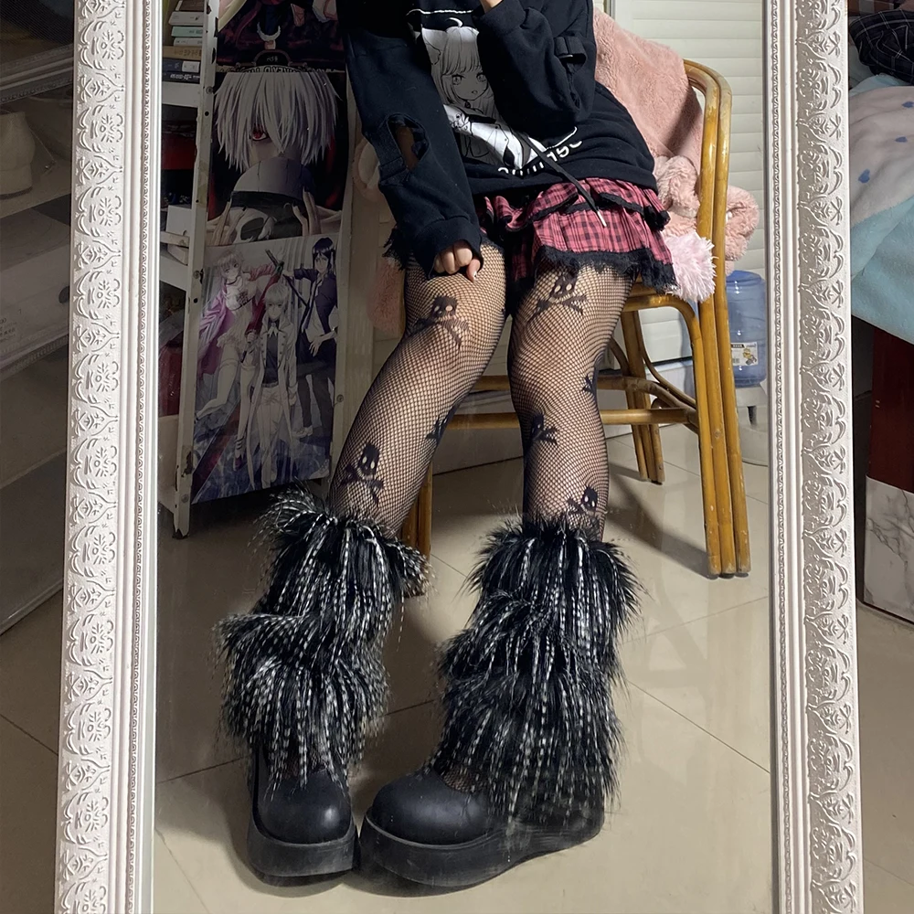 Y2K Goth Furry Faux Fur Women Leg Warmers Boot Covers Lady Cute Jk Knee-length Hipster Warm Sock Fashion Socks