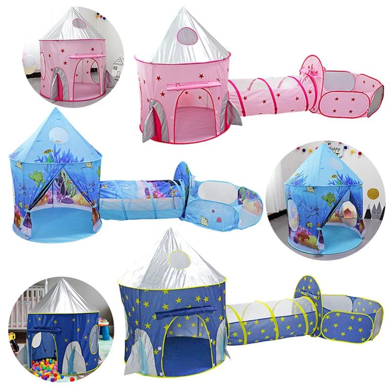Kids Tunnel Spaceship 3 In 1 Tent House Play Toys Foldable Children Crawling Portable Ocean Pool Little Houses for Girls & Boys