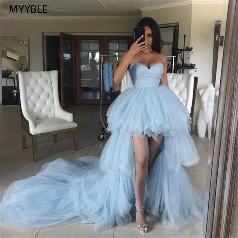 

Sky Blue Hi-Lo Evening Dresses 2022 Strapless Zipper Back Tulle Long Train Youth High Low Formal Party Prom Gowns Robe De Soirée