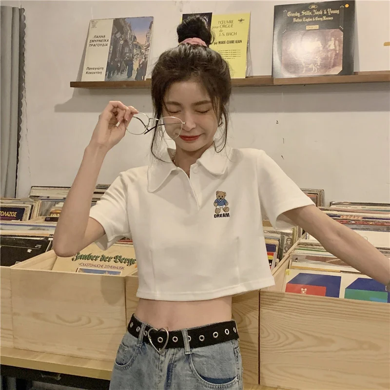 

Футболка для ранней весны, новинка 2021, женская одежда в Корейском стиле, футболка-поло с вышивкой и коротким рукавом