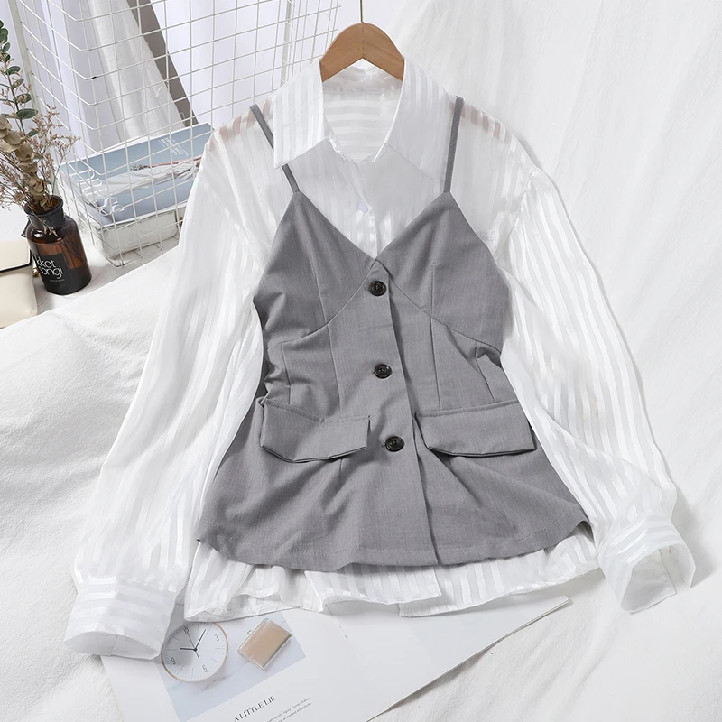 

Two Pieces Korean Women Sets Causal Striped Turn Down Collar Blouses + Single Breasted V-neck Sling Vest New Button Office Lady