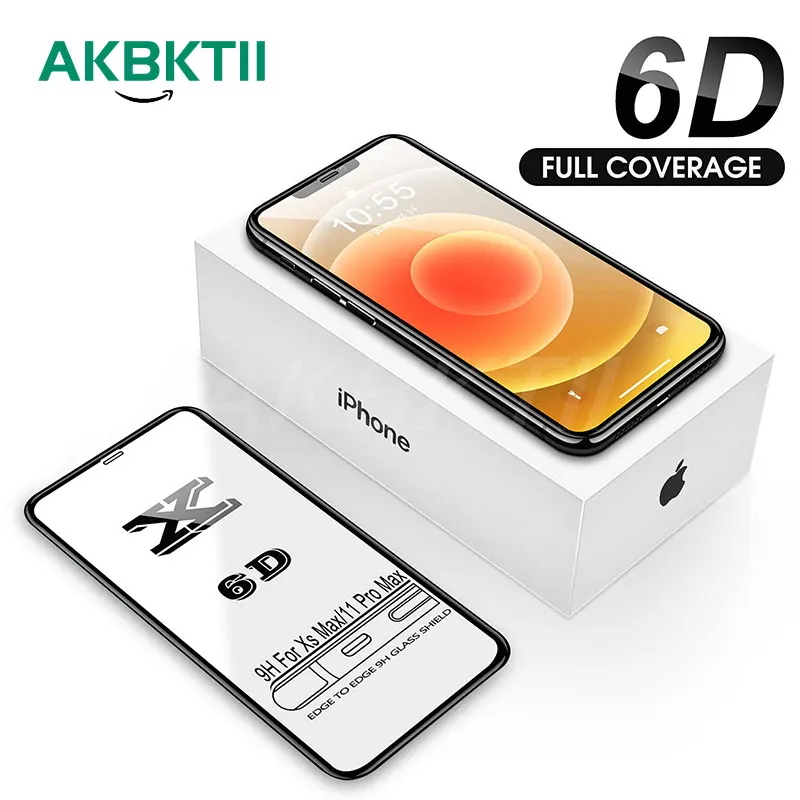 

AKBKTII 6D Full Cover Protective Tempered Glass For iPhone 11 Pro XS XR 7 8 Plus Glass for iPhone 12 13 Pro Max Screen Protector