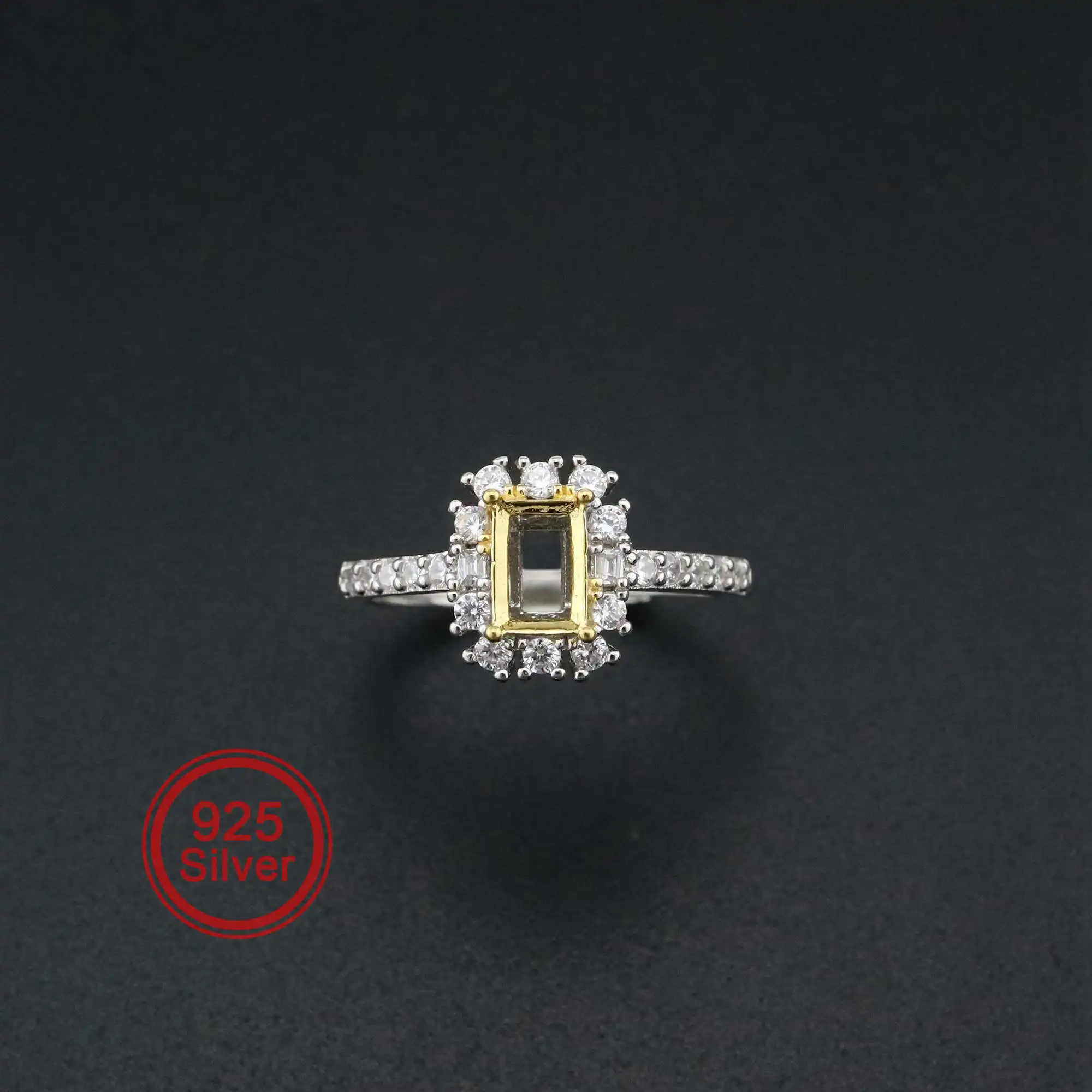 Ajuste de anillo de Punta rectangular, 4x6MM, en blanco, ajustable, pavé, piedra CS, chapado en oro, sólido, Plata de Ley 925, bisel artesanal 1294174