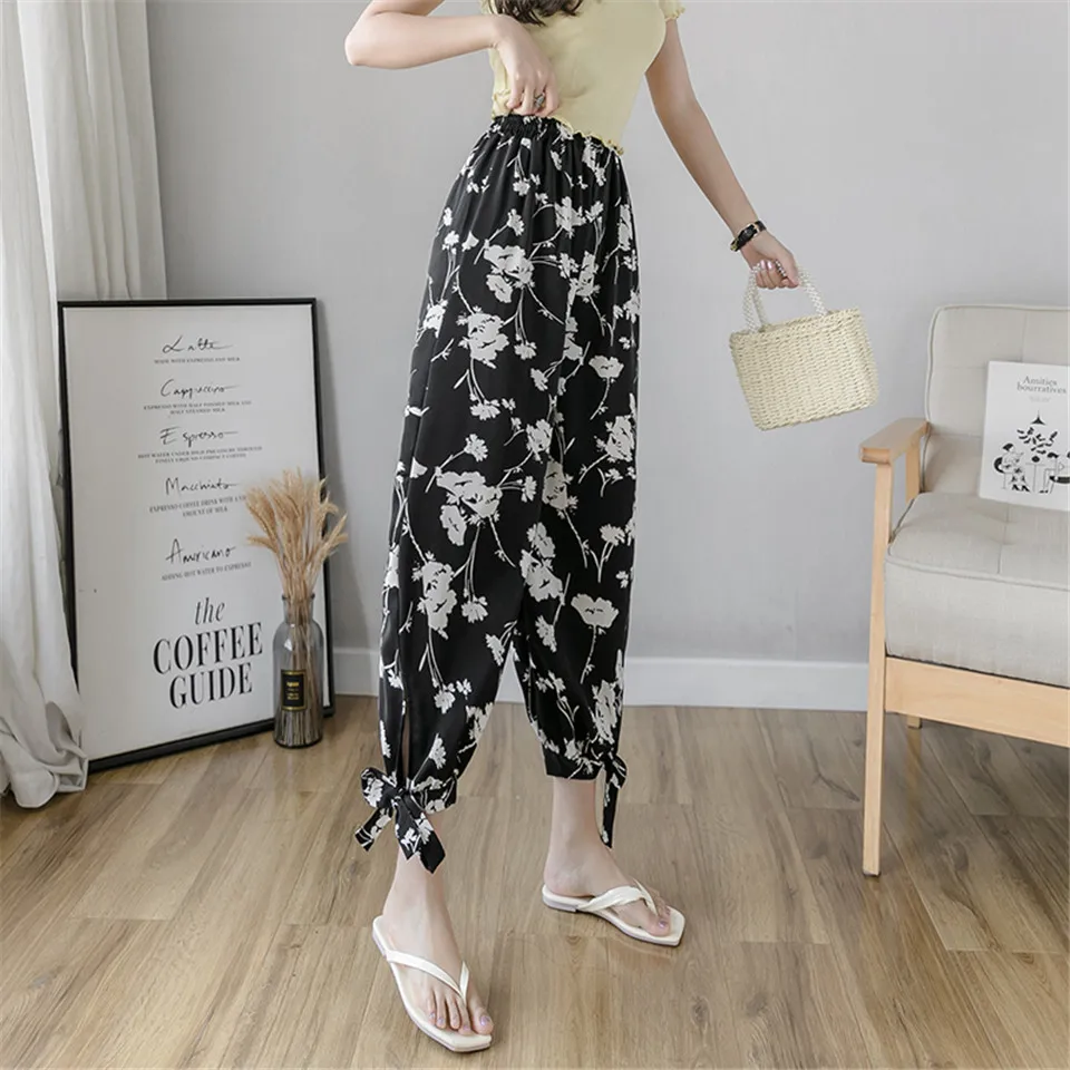 

Summer Loose Thin Printed Ice Silk Chiffon Pants Women All-match Harem Pencil Pants High Waist Pants Slacks Trousers