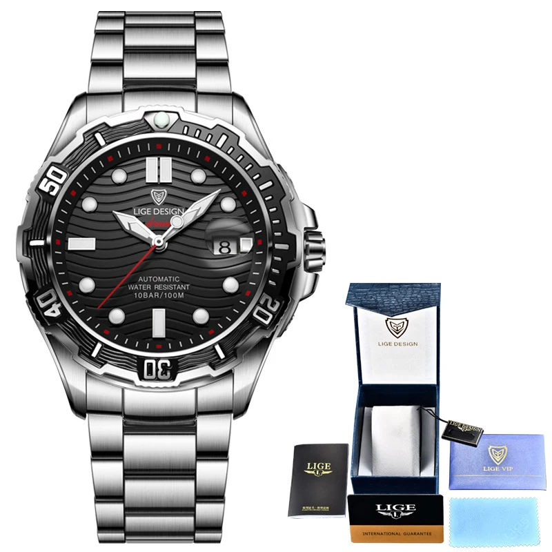 

2021 LIGE Design Diving Mechanical Watch Men Waterproof Automatic Mens Watches Top Brand Luxury Stainless Steel Clock Wristwatch