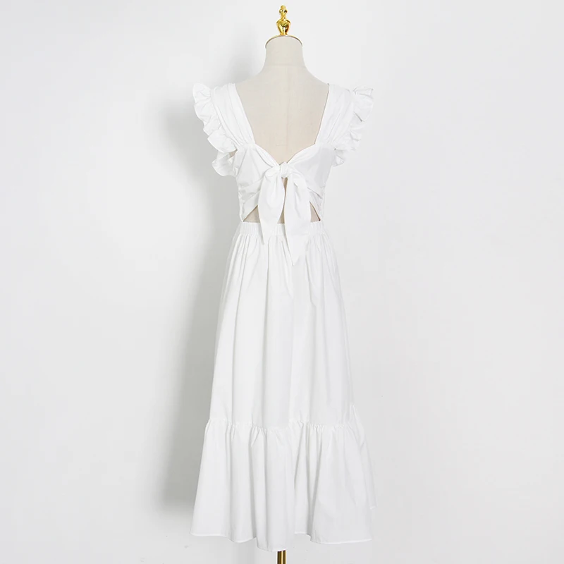 

VGH Green Elegant Lace Up Dress For Women V Neck Sleeveless High Waist Patchwork Ruffle Slim Midi Dresses Female 2021 Summer New