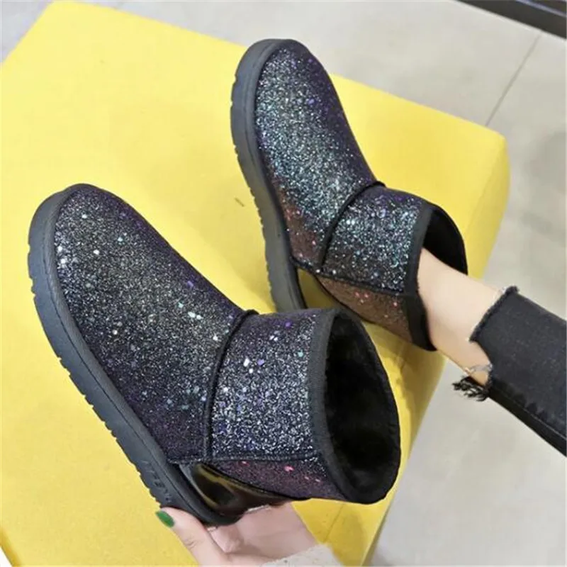 Женские зимние ботинки с блестками новые модные меховые короткие сапоги милая