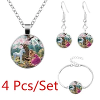 unicorn flower fairy art photo jewelry set glass pendant necklace earring bracelet totally 4 pcs for womens fashion party gifts