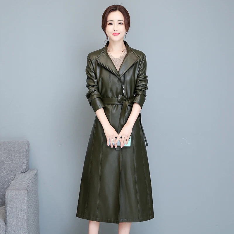 Женский Длинный кожаный тренчкот X-long черное кожаное пальто с поясом Осень-зима