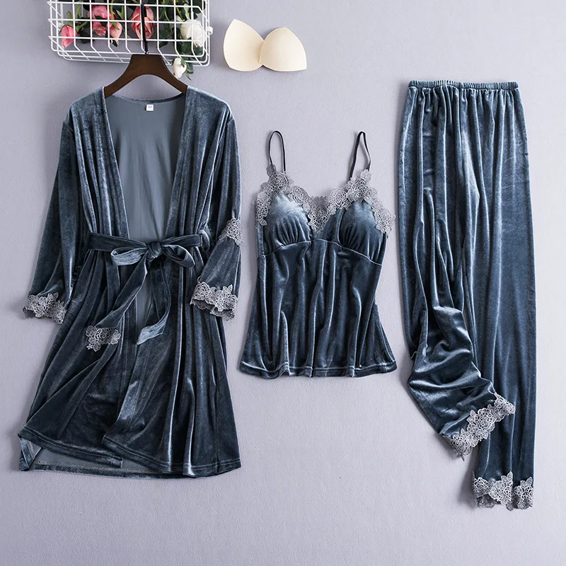 Женский Велюровый Халат кимоно из 3 предметов банная рубашка Классическая ночная