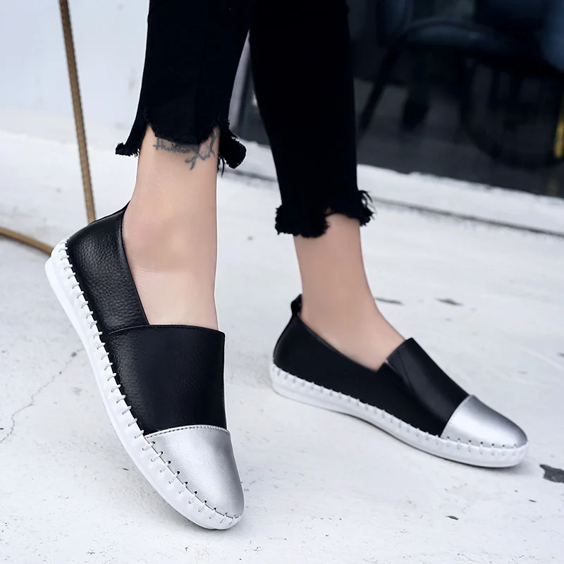 2020 ladies summer breathable low-top black and white shoes female casual flat invisible sneakers hand-stitched leather | Обувь