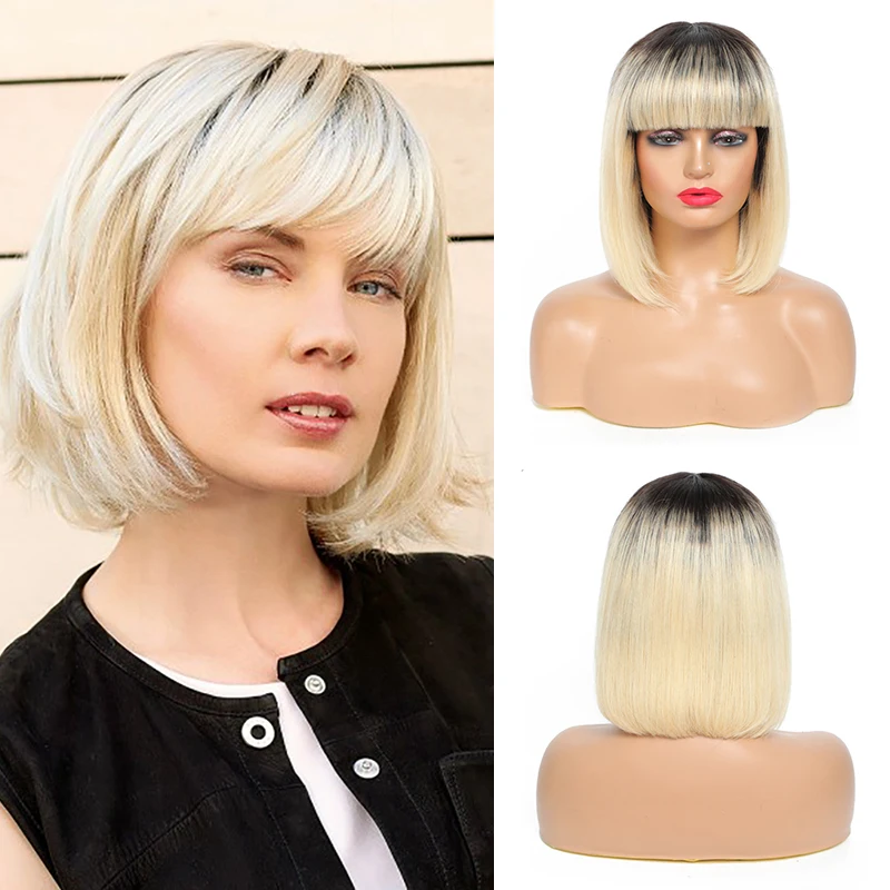 

Human Hair Wig With Bangs Straight BOB Wig Colored Ombre 613 Blonde Brazilian Hair Full Machine Wigs For Women Non-Remy IJOY