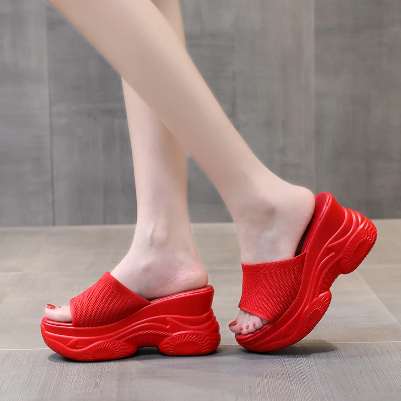 

Net red sandals and slippers women 2021 summer new thin muffins thick bottom slope with fish mouth beach slippers