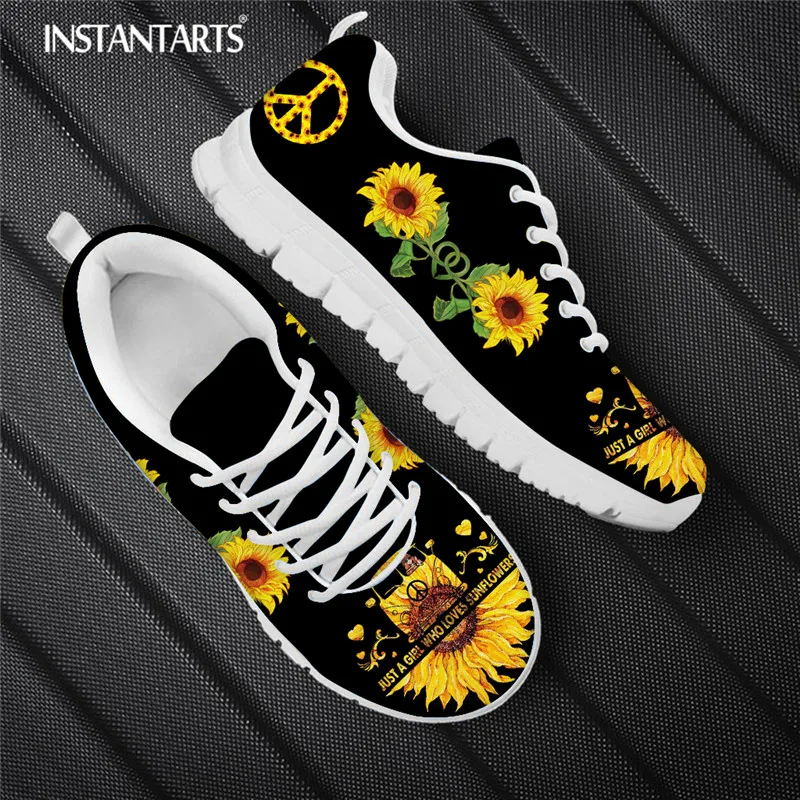 

INSTANTARTS Brand Design Sunflowers Shoes Women's Fashion Flat Shoes Peace and Love Logo Print Sneaker Breathable Footwear