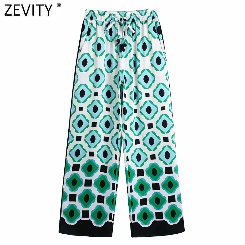 

Zevity 2021 Women Vintage Geometric Print Elastic Waist Casual Wide Leg Pants Retro Female Chic Color Match Long Trousers P1085