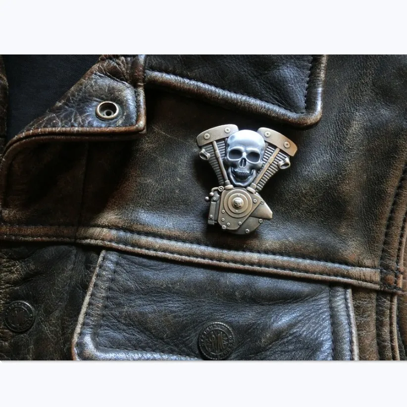 Череп ретро металлический двигатель мотоцикл панк значок для одежды шляпа