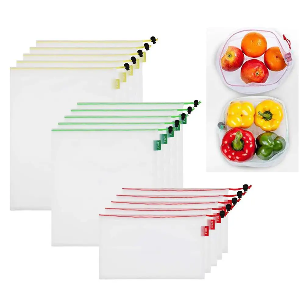 

15Pcs Reusable Shopping Grocery Bags Drawstring Light Mesh Vegetable Fruit Pouch
