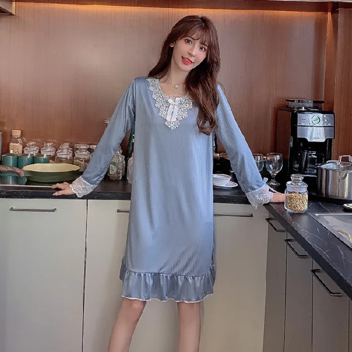 2021 Spring and Autumn New Comfortable Lace Women's V-Neck Long Sleeve Fashion Nightdress Women Can Wear Home Nightdress