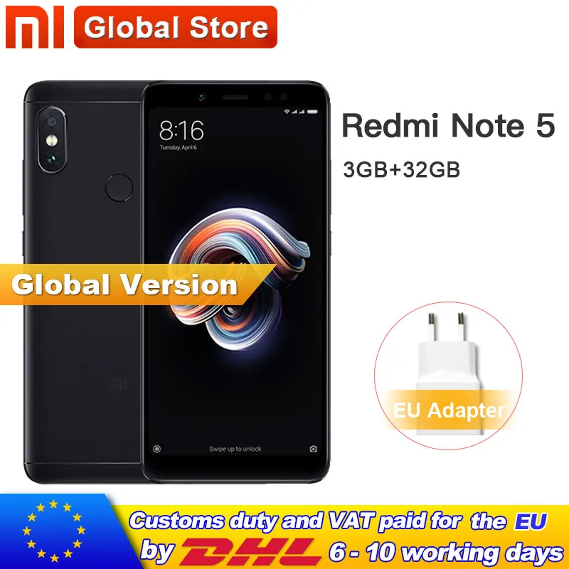 Оригинальная глобальная версия Xiaomi Redmi Note 5 3GB 32GB Snapdragon S636 Восьмиядерный мобильный