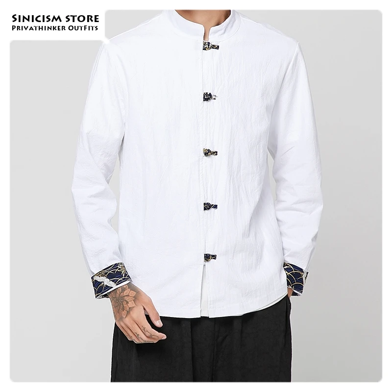 Sinicism Store мужские хлопковые льняные повседневные рубашки с пряжкой однотонные
