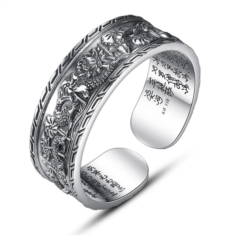 

Chinese style silver jewelry pure silver 999 men's silver bracelet vintage lotus koi 95g bracelet men's bracelet