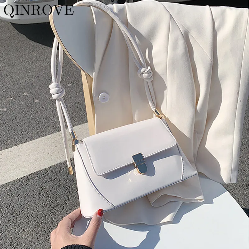 

QINROVE Women Shoulder-bags PU Leather Designer Luxury Crossbody Bag Flap Cover Baguette-bag Fashion 2020 Female Soft Khaki Lady