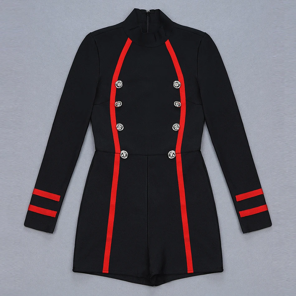 Женский бандажный комбинезон черный с длинным рукавом и пуговицами на лето