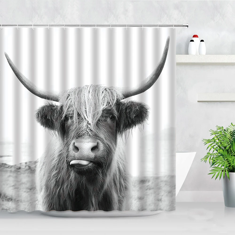 

Cute Highland Cow Shower Curtain Plateau Animals Cattle Grassland Natural Scenery Fabric Bathroom Decor Bath Curtains With Hooks