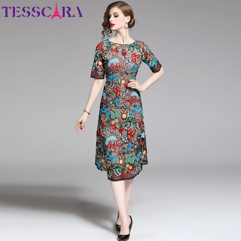 Женское летнее роскошное Сетчатое платье TESSCARA с вышивкой женское праздвечерние