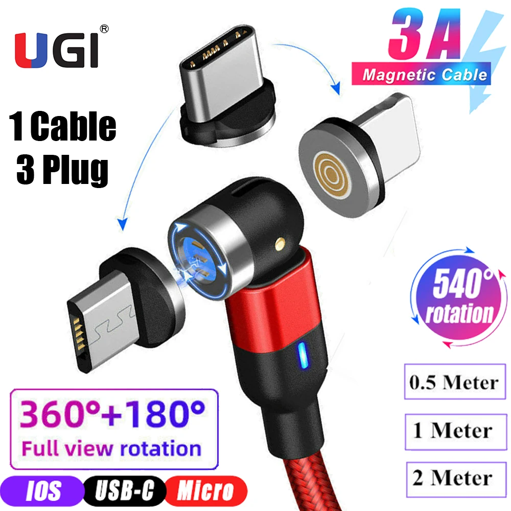 Магнитный кабель UGI 3 в 1 для быстрой зарядки на 540 ° IOS USB C Micro Android аксессуары
