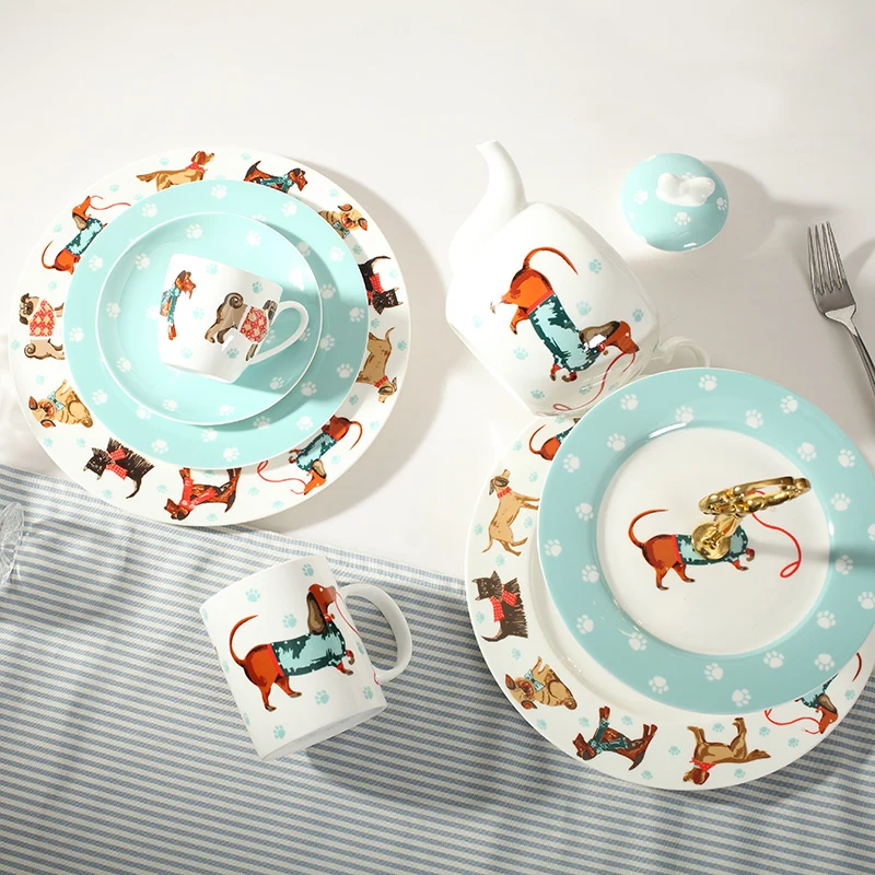 Милая мультяшная собака костяного фарфора пищевая тарелка стейк круглая