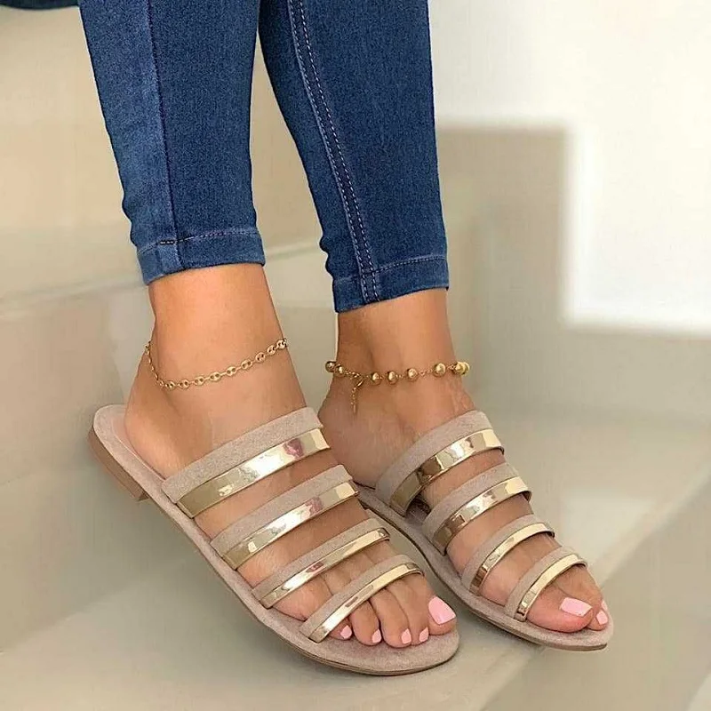 

2020 Women Summer Sandals Flats Shoes Woman Sexy Slippers Slides Shiny Metal Open Toe Sandalias Large Size Zapatillas Mujer