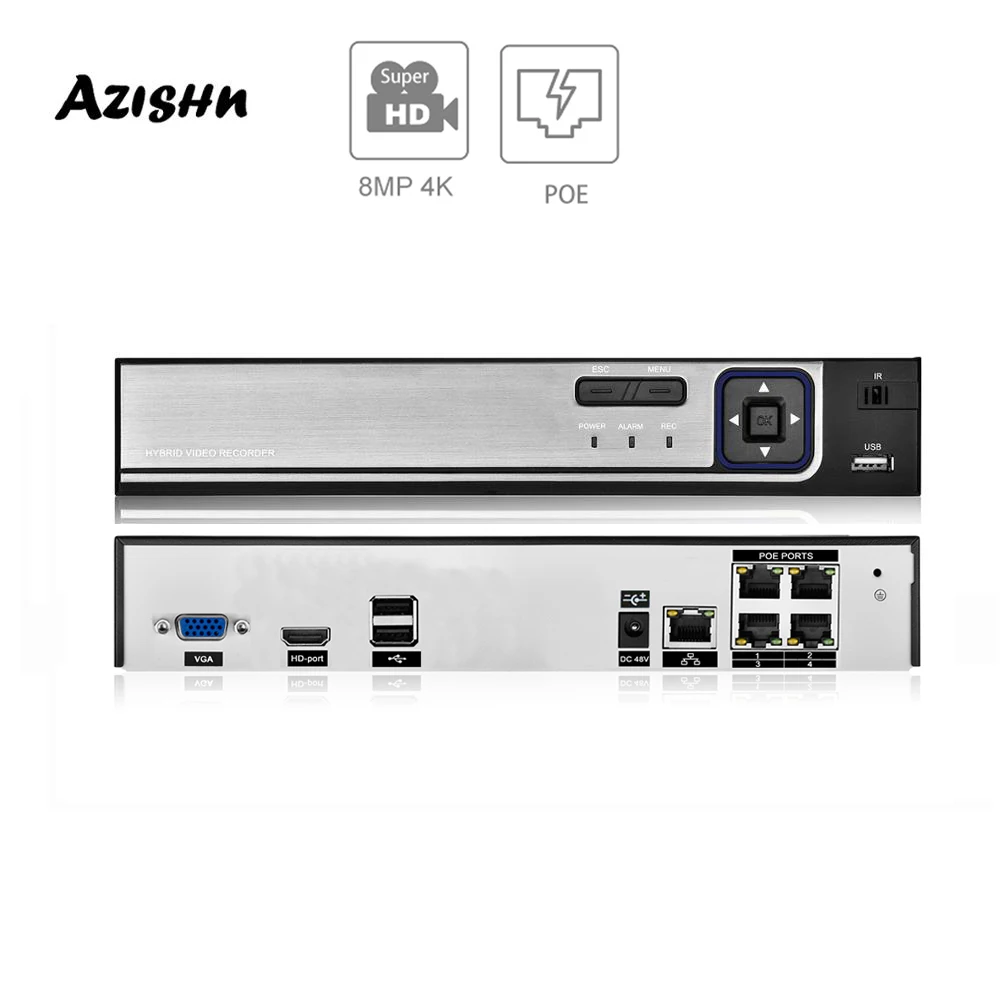 

Видеорегистратор AZISHN 4K/8CH/4CH POE NVR H.265/H.264 для системы видеонаблюдения, видеорегистратор для IP-камеры POE (1080P/4MP/5MP/8MP/4K)