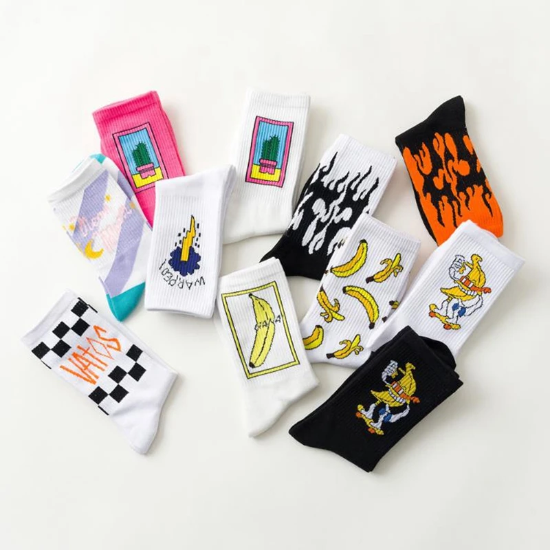 Korean Harajuku Kawaii Funny Women Socks Cartoon Banana Cactus Moon Flame CrewSock Fashion Hip-hop Letter  Stripe Socks