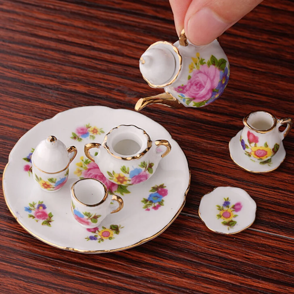 

8Pcs Porcelain Dish Pot Tray Cups Teapot Dollhouse Miniature Mini Cute Coffee Tea Set 1:12 Kitchen Strawberry Printing Wholesale