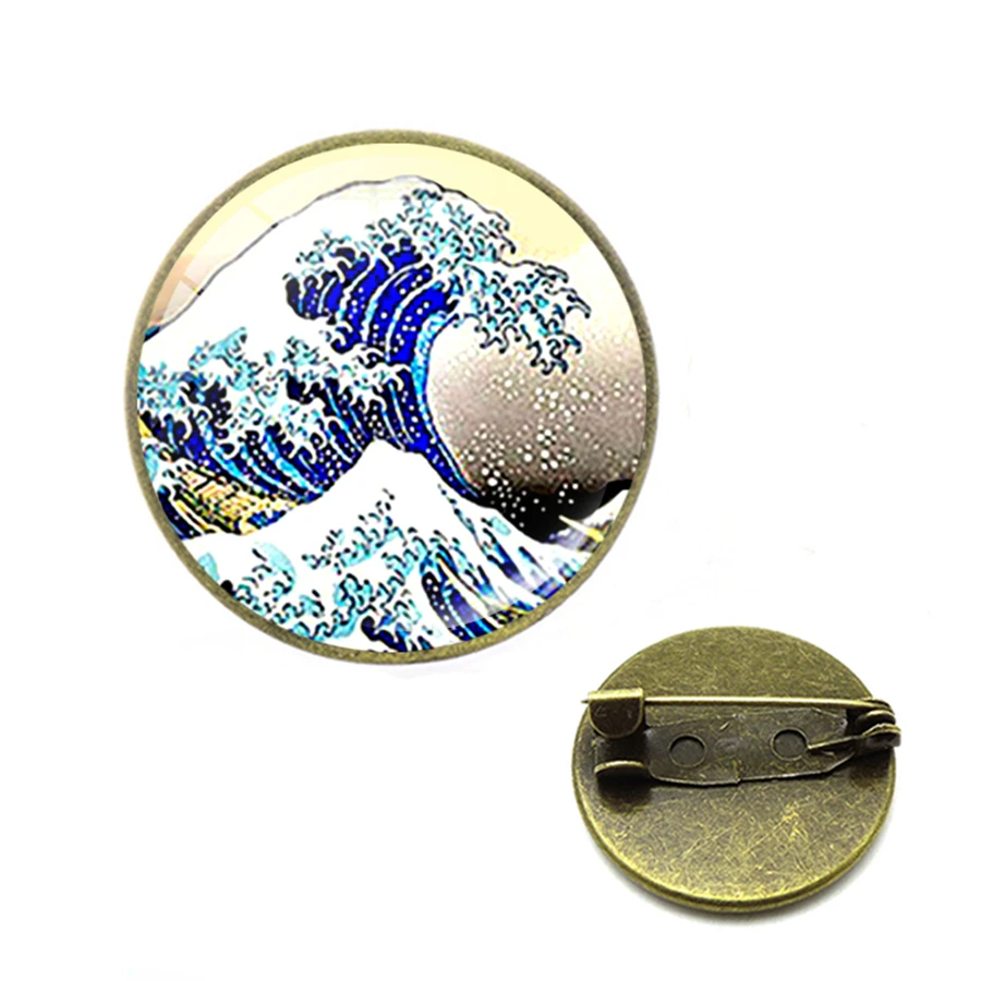 Классическая картина серфинг Kanagawa броши японская Ukiyo e Art синяя морская волна 3D