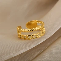 punk 2 layers hollow oval chain rings for women stainless steel color adjustable opening ring geometric jewelry gift 2021