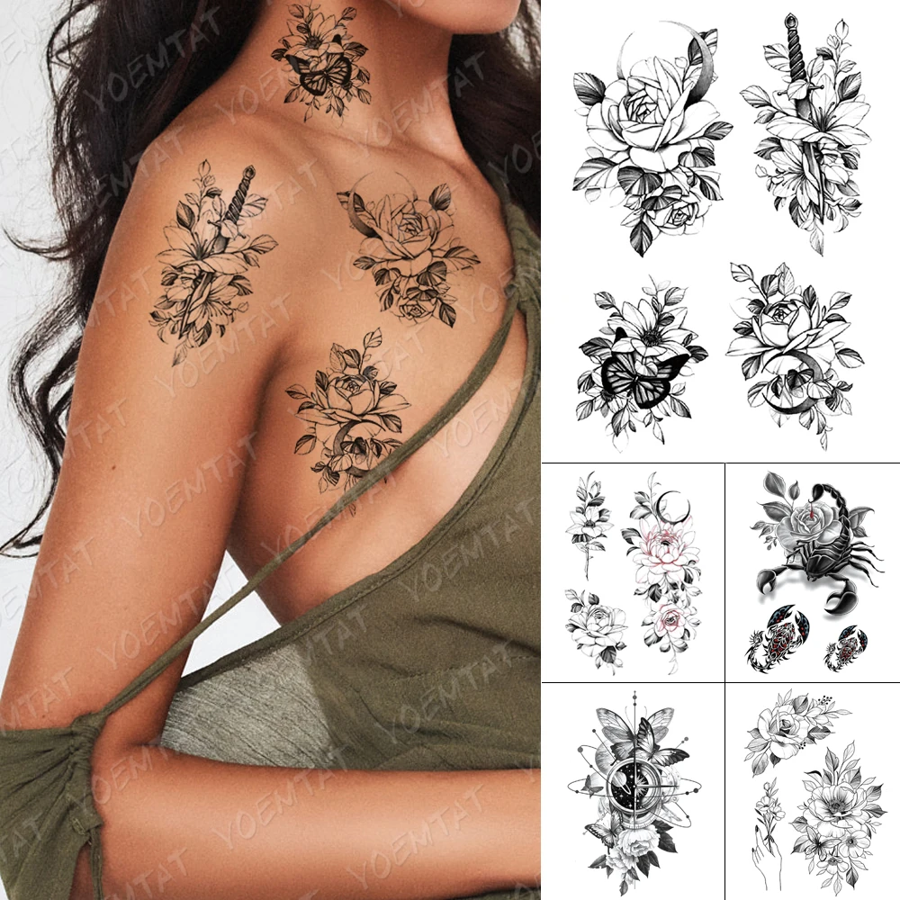 

Переводные Временные Тату Женские Татуировки Водонепроницаемые временные тату наклейки простые линии Цветы Роза Луна флэш татуировки Ско...