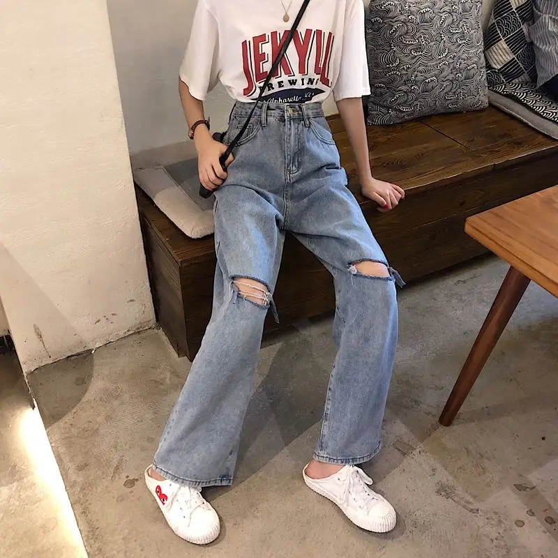 Vintage Ripped Straight Jeans for Women  Hole Jean Female Denim Pencil Pants Streetwear Boyfriend Loose Wide-leg Jeans Pants