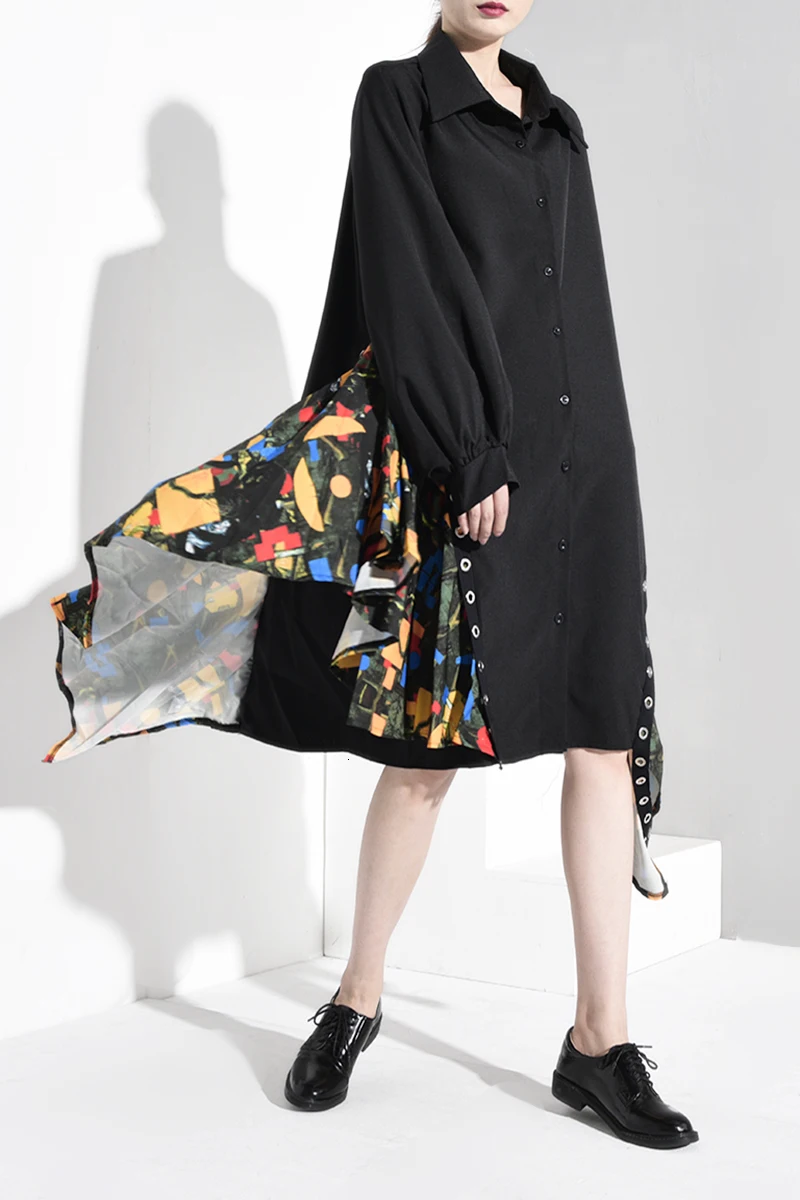 [EAM] Women Black Print Asymmetrical Big Size Shirt Dress New Lapel Long Sleeve Loose Fit Fashion Spring Autumn 1B060