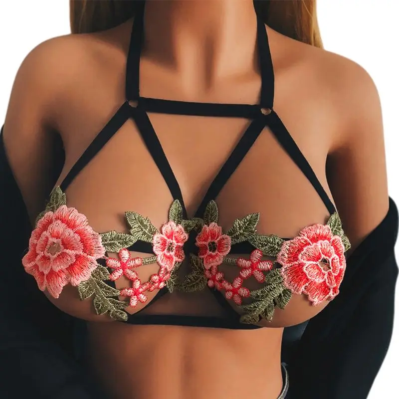 

Womens Sexy Halter Strappy Bandage Bustier Embroidered Flower Applique Underwear Bra Erotic Open Cup Backless Lingerie Bralette