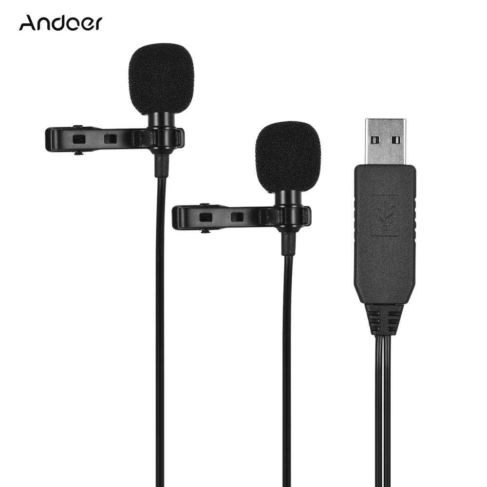Andoer микрофон клип on для запись видео и аудио USB двойная головка петличный отворот