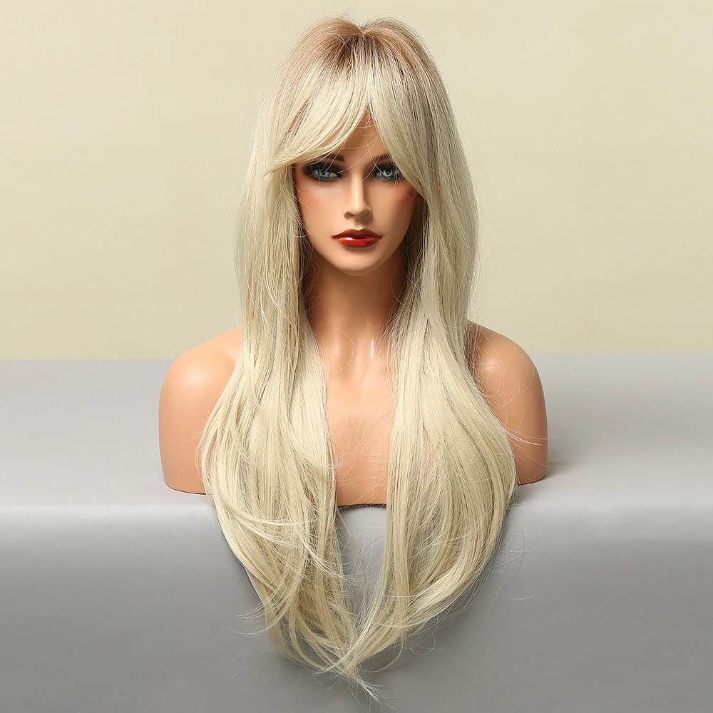 Ombre Light Brown Blonde Synthetic Wig with Side Bang Heat Resistant Fiber Daily Party Hair Cosplay Use Long Wavy Wigs for Women