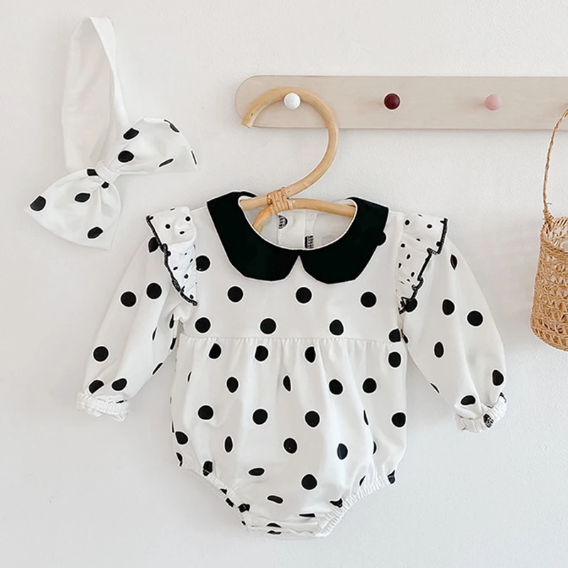

New 2020 Spring Autumn Infant Baby Girls Rompers Baby Clothes Dot Long Sleeve Rompers And Hair Band Baby Girls Rompers
